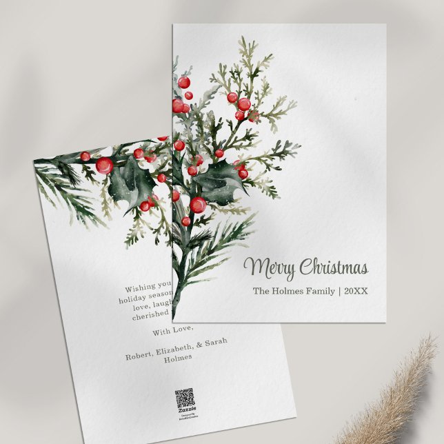 Carte de vacances minimaliste moderne Mistletoe (Modern Minimalist Mistletoe Holiday Card on white table)