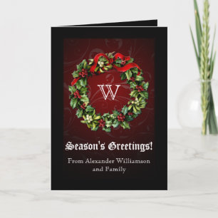 Carte de vacances Monogram Holly Wreath Classy