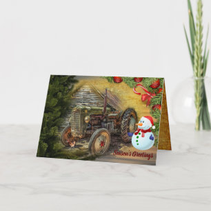 Carte de vacances Noël vintage Tracteur vert Grang