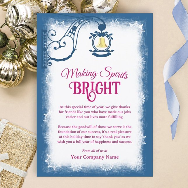 Carte de vacances nostalgique bleu foncé, rose bai (blue company holiday party invitations, blue and berry pink christmas greeting cards for employees)