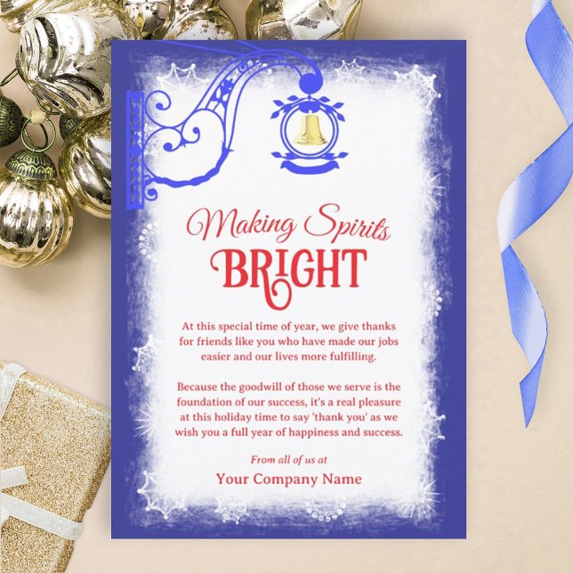 Carte de vacances nostalgique bleue, rouge et doré (bright blue and red company holiday card, red and blue company colors, office christmas cards)