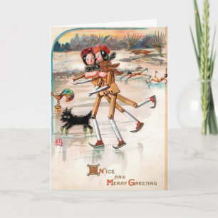 Carte de vacances Patinage vintage poupées en bois