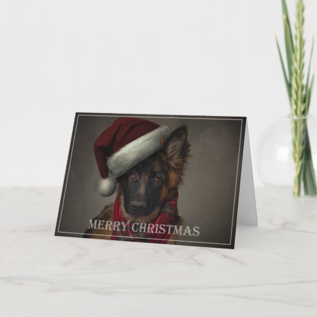Carte de vacances père Noël, chiot berger allemand (Devant)