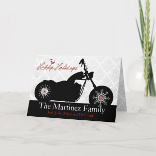 Carte de vacances père Noël Motorcycle et Snowflak
