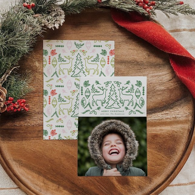 Carte de vacances photo à motif scandinave vert (Green Scandinavian Pattern Christmas Photo Holiday Card)