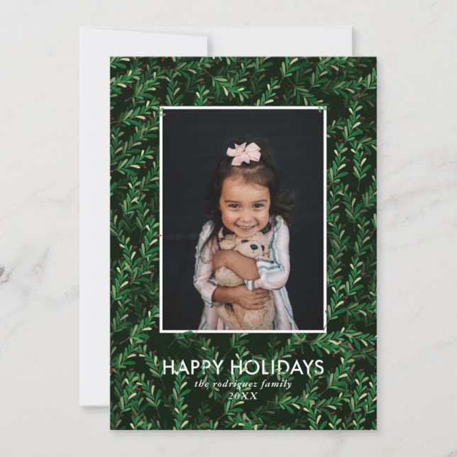 Carte de vacances photo de Noël Holly Greenery (Devant)