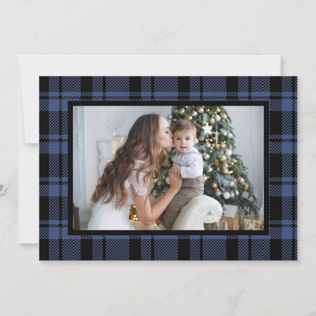 Carte de vacances photo de Noël Plaid Buffalo bleu (Devant)