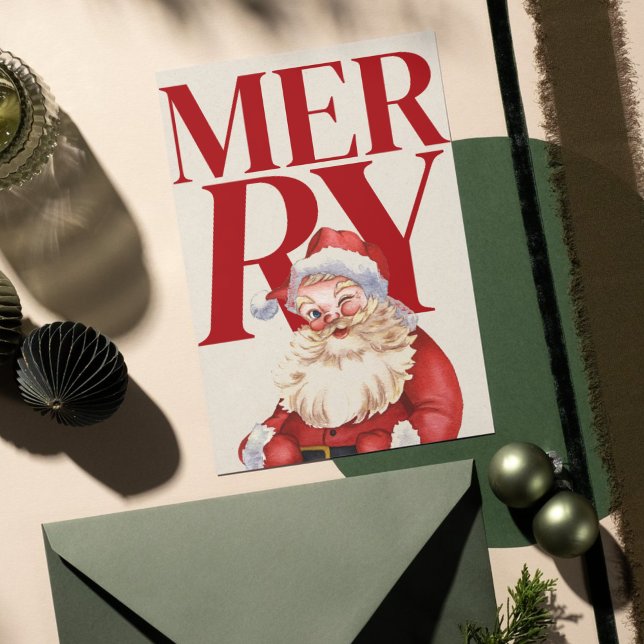 Carte de vacances photo du Père Noël en typographi (Bring bold holiday cheer to your mailbox with this vibrant red Santa-themed photo card!)