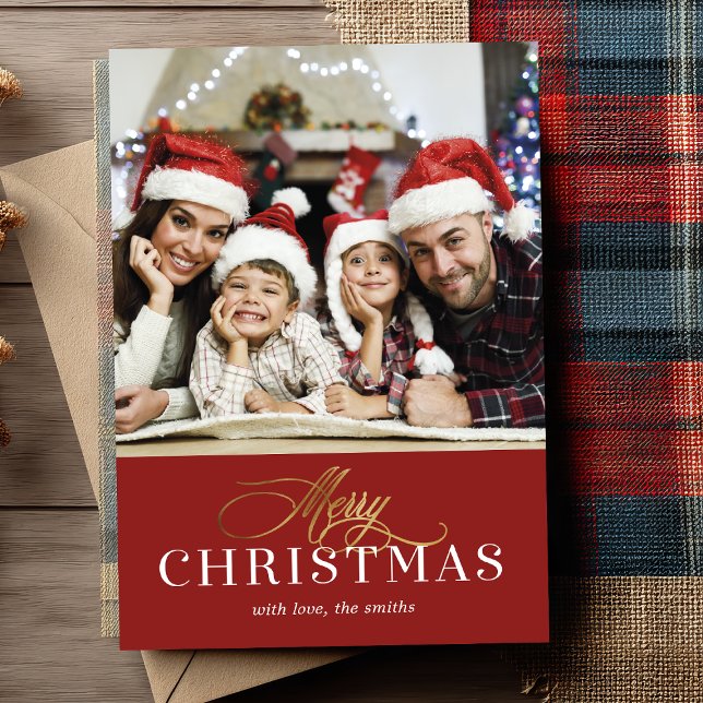 Carte de vacances photo en or moderne et feuille d (Wishing you a Merry Christmas ✨ Send your love with this elegant family photo holiday card.)