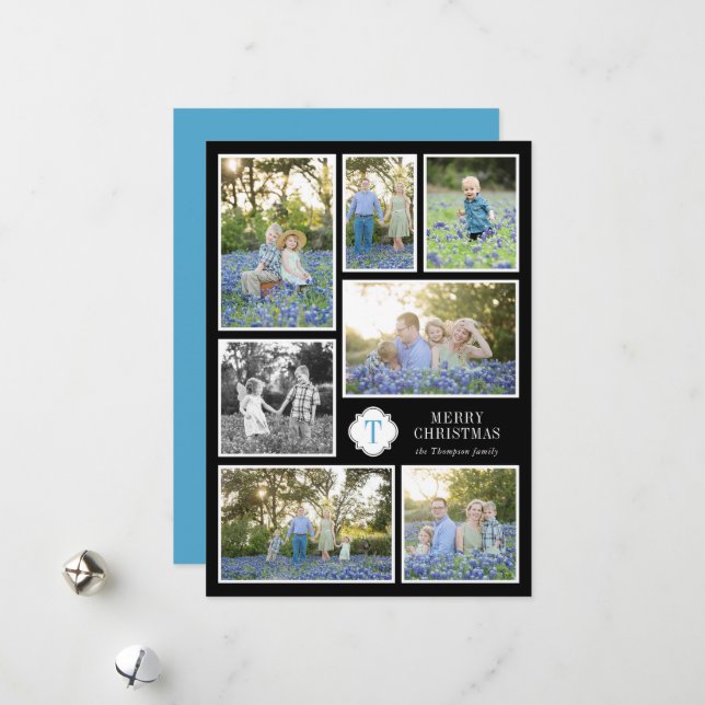 Carte de vacances photo Monogramme noir et bleu se (Devant/Arrière en situation)