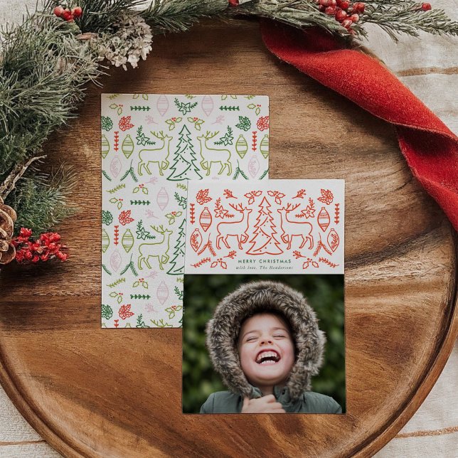 Carte de vacances photo Motif scandinave rouge (Red Scandinavian Pattern Christmas Photo Holiday Card)
