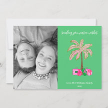 Carte de vacances photo palmier avec voeux chaleur