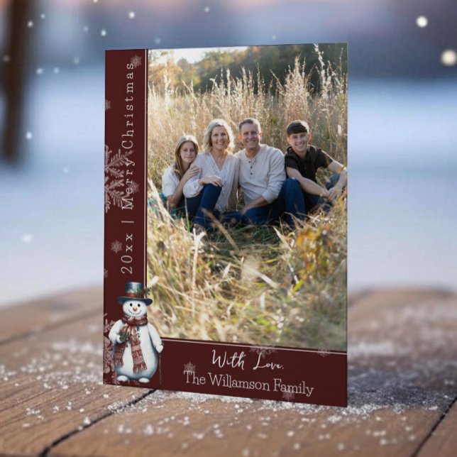 Carte de vacances photo Snowman au sourire rouge (Red Smiling Snowman Holiday Photo Card)
