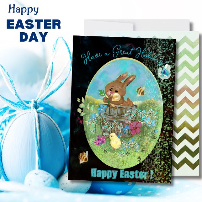Carte de vacances plate de Pâques avec poussins et (Easter Chicks and Bunny Black Flat Holiday Card)