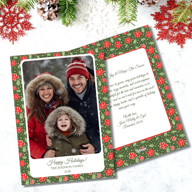 Carte de vacances plate et moderne avec fleurs rou (Modern Floral Photo Flat Holiday Card)