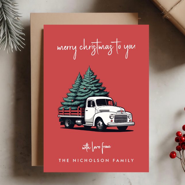 Carte de vacances plates | Camion de livraison d'a ( A vintage inspired delivery truck flat holiday card design with retro festive flair)