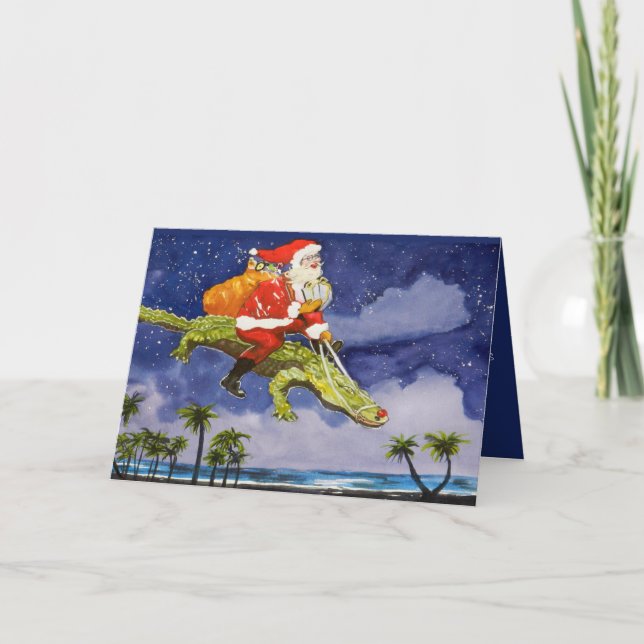 Carte de vacances pliée père Noël et Alligator (Devant)