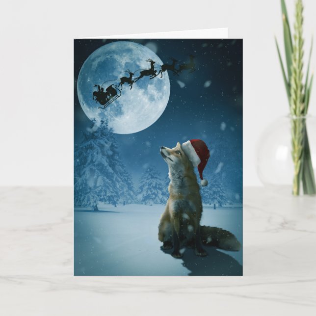 Carte de vacances pliée renard de Noël. (Devant)