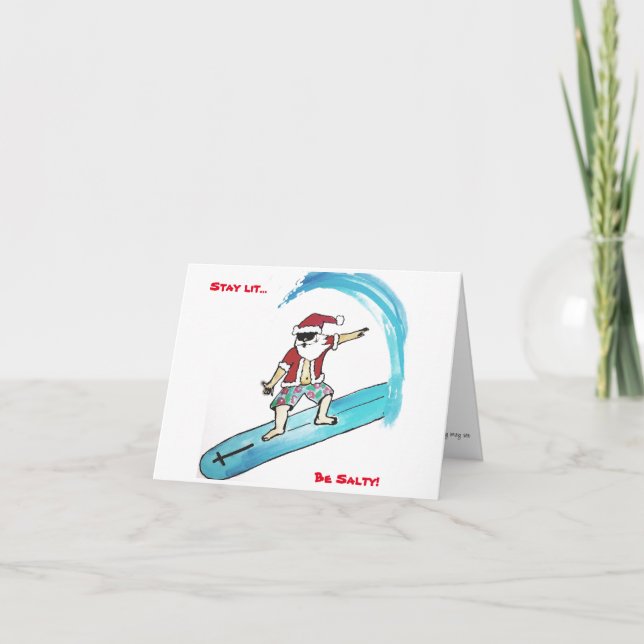 Carte de vacances pliée Surfin Père Noël (Devant)