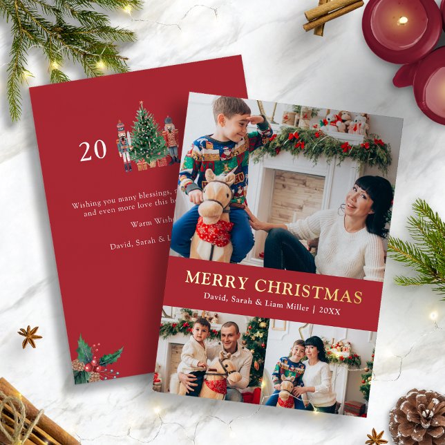 Carte de vacances Red Photo Foil (Holiday Red Nutcracker 2025 Gold Foil Photo Christmas Card by Painted Paperie
)