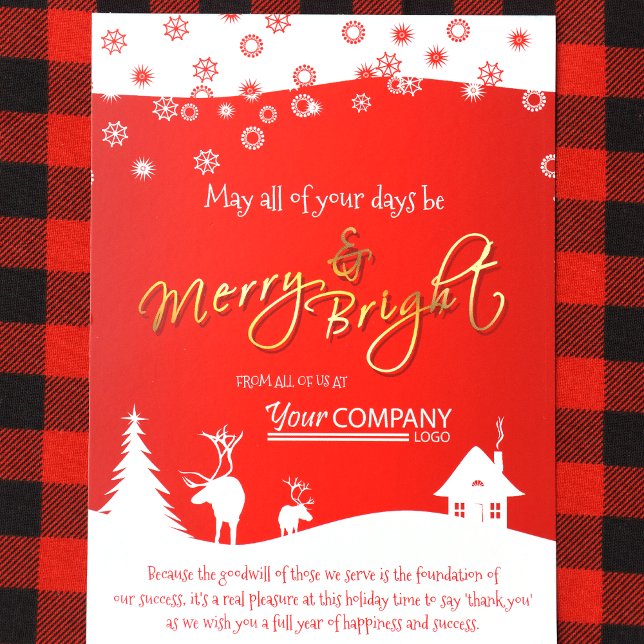 Carte de vacances Red, White Reindeer Rustic Compa (Red Logo, Red Gold Holiday Christmas Card for Red Company Colors)
