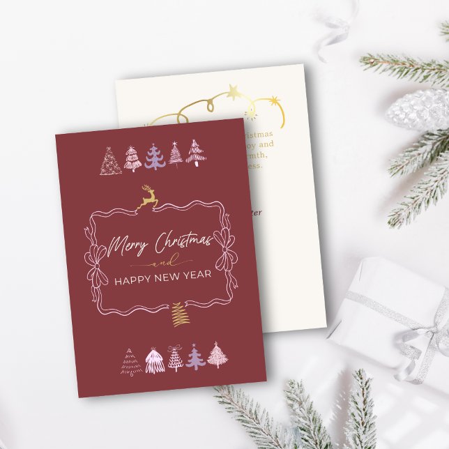 Carte de vacances rouge profond avec nœud chic et  (Chic Bow & Tree Doodle Deep Crimson Holiday Card)