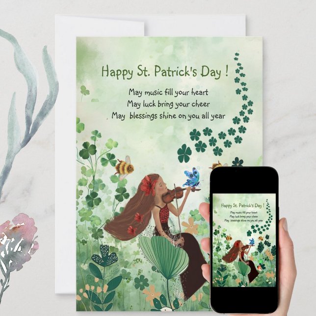 Carte de vacances St. Patrick's Day avec musique (St. Patrick's Day Holiday Card with Music, featuring woman playing a violin,, great card for holiday)