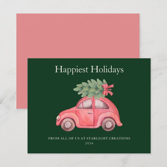 Carte de vacances tendance Voiture rose (Devant / Derrière)