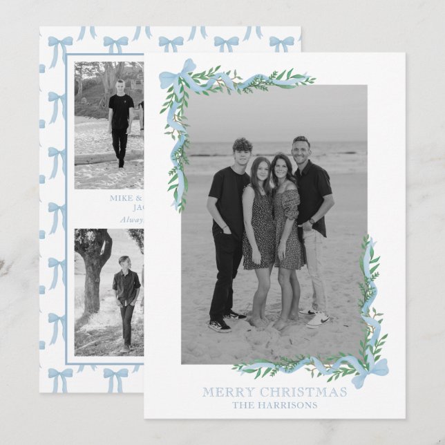 Carte de vacances Watercolor Blue Bow Garland (Devant / Derrière)