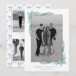 Carte de vacances Watercolor Blue Bow Garland