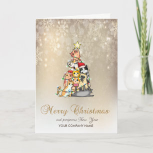 Carte de vacances Watercolor Pine Tree Cats Snowfl