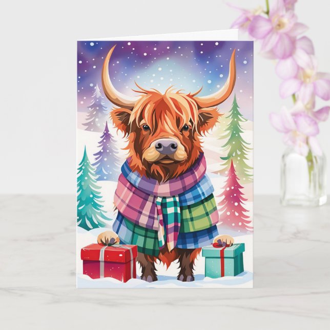 Carte de vache de Noël colorée Highland (Orchidée)