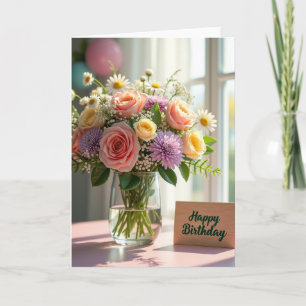 Carte de vase de rose d'anniversaire doux