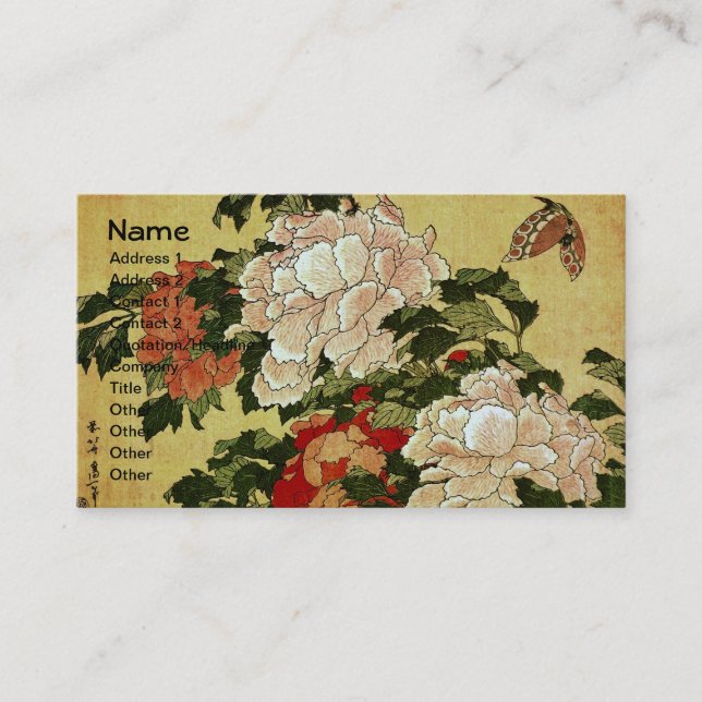 Carte De Visite 北 斎 Hokusai Peonies & Papillons (Devant)