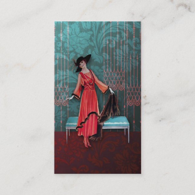 Carte De Visite 1913 Luxe : Mode vintage en rouge et turquoise (Devant)