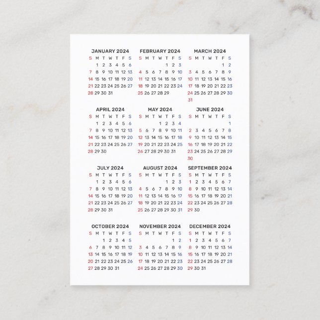 Carte De Visite 2024 Calendrier SUNDAY Outil promotionnel vertical (Dos)