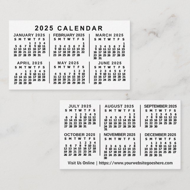 Carte De Visite 2025 Année Calendrier mensuel Texte personnalisé c (Devant / Derrière)