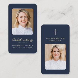 Carte De Visite 2 Photo Gold Script Funeral Blue Prayer Card