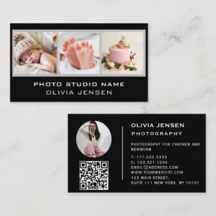 Carte De Visite 3 Photos QR Code Bébé Photographe Noir