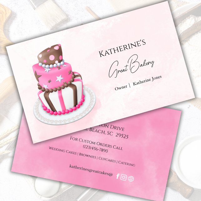 Carte De Visite 3 Tier Pink Modern Cake Bakery (Créateur téléchargé)