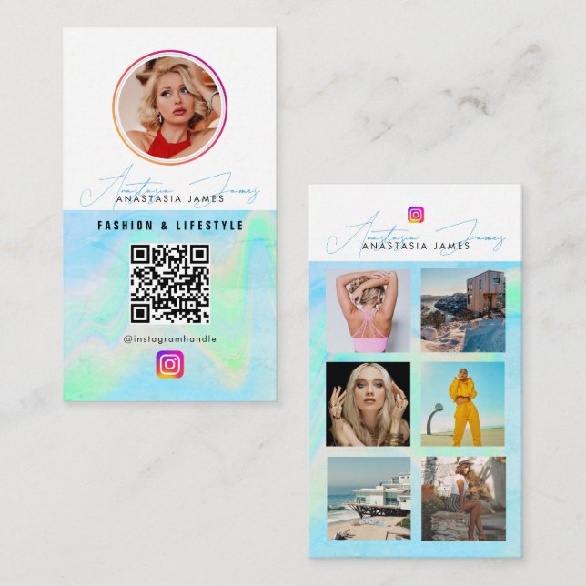 Carte De Visite 6 Photo Feed Grid Médias sociaux Blue Holographic (Devant / Derrière)