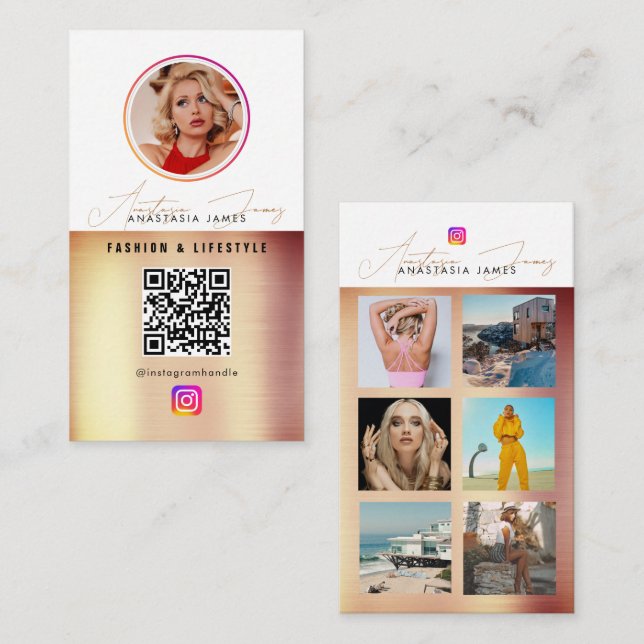 Carte De Visite 6 Photo Feed Grid Médias sociaux QR Code Bronze (Devant / Derrière)