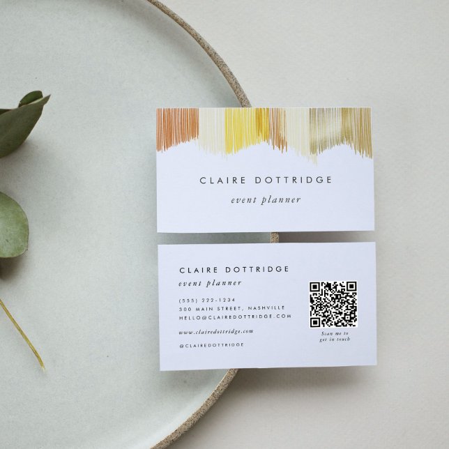 Carte de visite à bords dorés modernes et frangés (Golden yellow Modern Fringe QR code business card.)