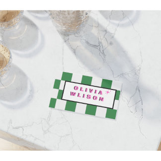 Carte de visite à carreaux rétro verts | Rose gras