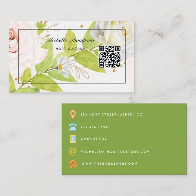 Carte de visite à code QR floral (Devant / Derrière)