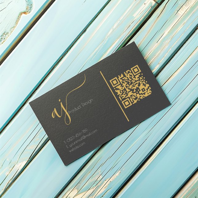 Carte de visite à code QR monogramme gris et or (Grey and gold coloured monogram QR code business card with space for your own QR code.)