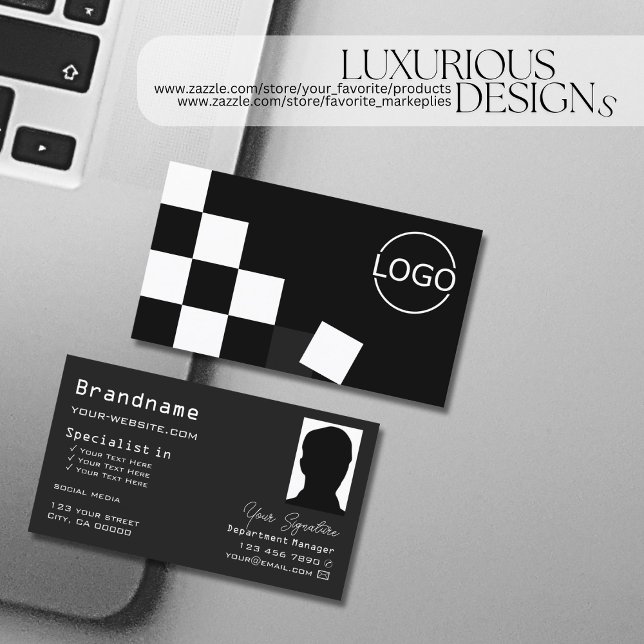 Carte De Visite à damiers Black Dark Grey avec logo et photo (Créateur téléchargé)