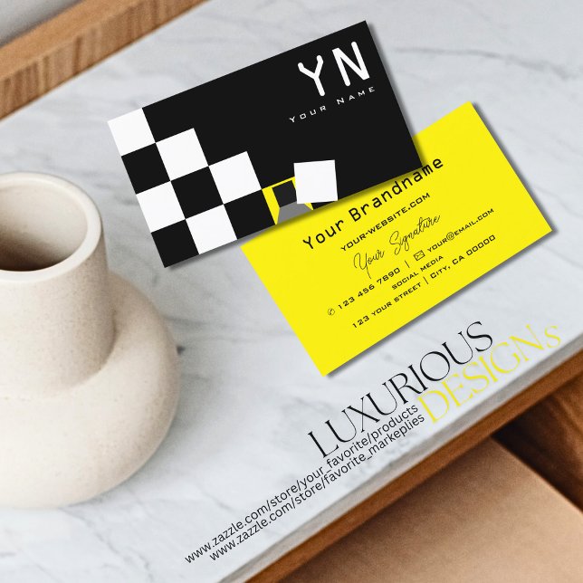 Carte De Visite à damiers noir blanc jaune avec Monogramme moderne (Créateur téléchargé)