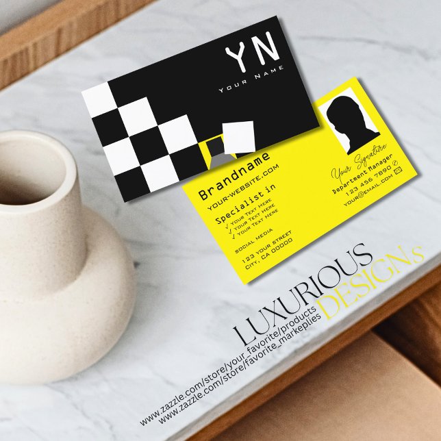 Carte De Visite à damiers noir blanc jaune avec Monogramme & Photo (Créateur téléchargé)