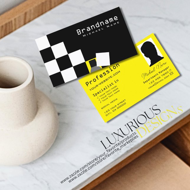 Carte De Visite à damiers noir et blanc moderne Jaune avec photo (Créateur téléchargé)